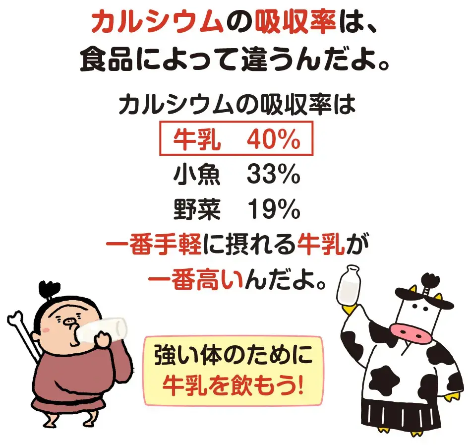 カルシウムの吸収率は、食品によって違うんだよ。